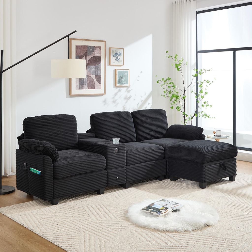 STILVORA Loungesofa mit abnehmbarer Mittelkonsole Sitzgruppe mit 2 Cup-Haltern und Seitentasche Dreisitzer mit Stauschublade, Sofa mit USB-C-Anschl...