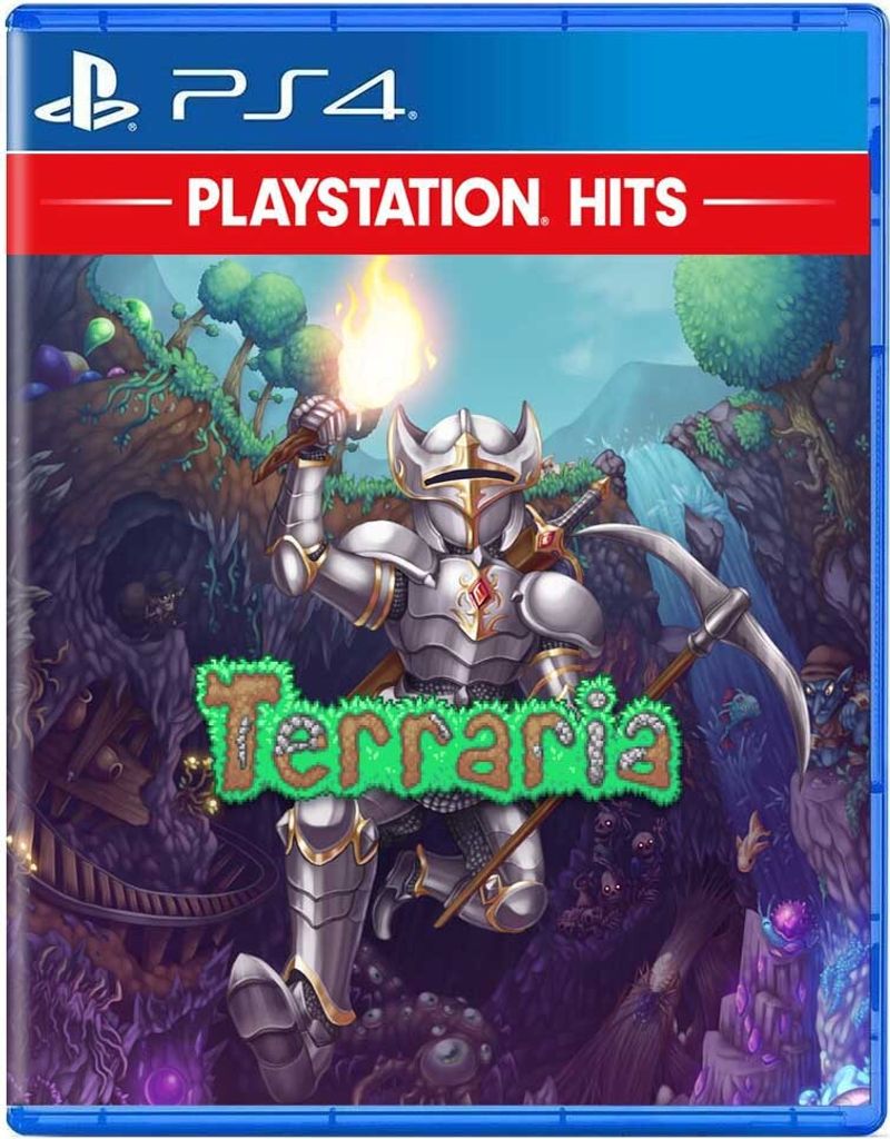 The image is a video game box cover for Terraria on PlayStation 4, featuring artwork of a knight in armor holding a torch and pickaxe.
