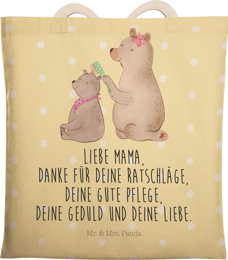 Mr. & Mrs. Panda Tote Bag Bär Kind - Gelb Pastell - Geschenk, Mama, Mutter, Stoffbeutel, Bruder, Tasche, Beuteltasche, Muttertag, Beutel, shopping