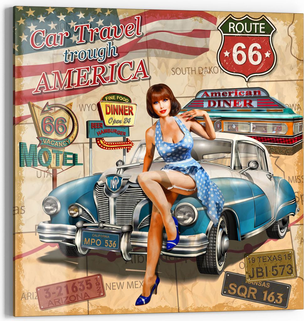 DEQORI Glasbild Echtglas 30x30 cm 'Route 66-Plakat' Wandbild Bild modern Deko