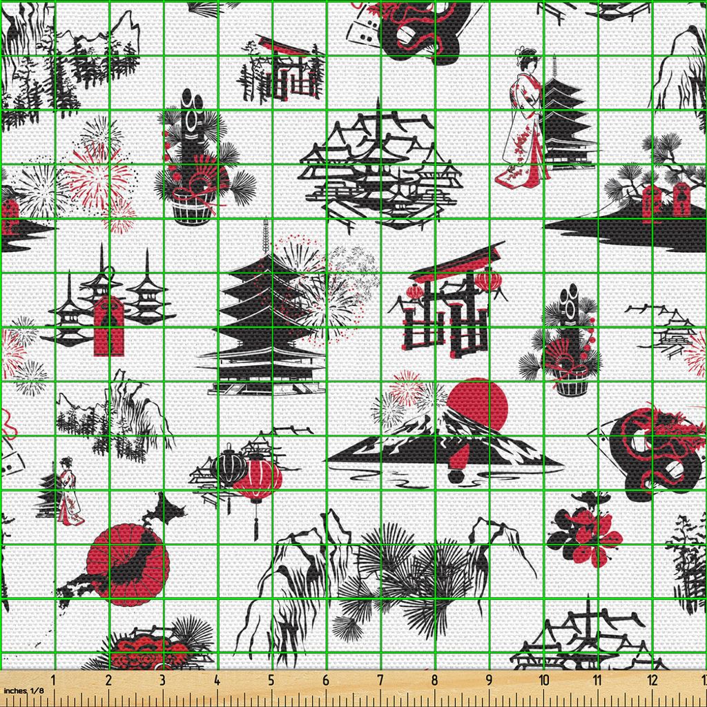 ABAKUHAUS asiatisch Gewebe als Meterware, Japanische Architektur Türme Paläste Häuser Sketchy Silhouetten Drachen, 10 M (148 x 1000 cm), Dunkle ...