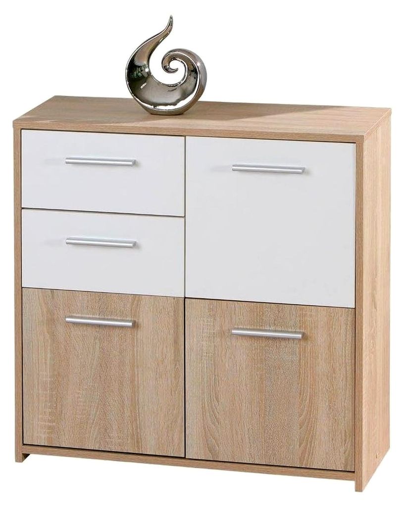 Kommode – Sideboard mit 3 Türen und 2 Schubladen – 2 Farben – Melaminbeschichtet – Sonoma Eiche Nachbildung und Weiß – BxTxH: 77x30x77 cm