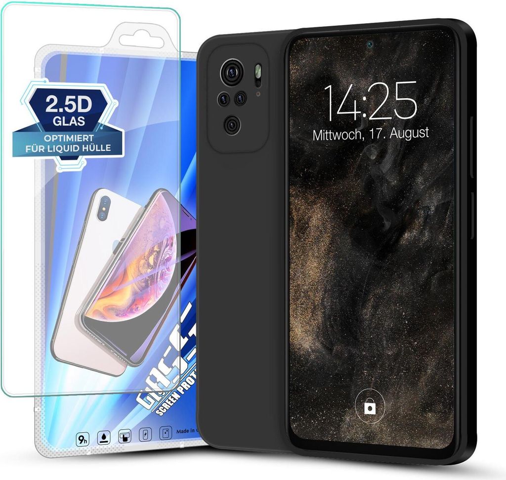Hülle für Xiaomi Redmi Note 10 mit 9H Displayglas Displayschutz Plus Case Cover Bumper Silikon Softgrip Schutzhülle Farbe: Schwarz