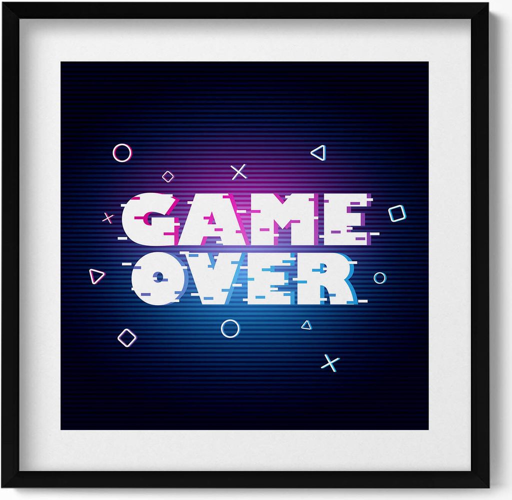 Stilisierter „Game over“-Schriftzug– Wandbild mit Rahmen – Gerahmtes Bild – Wanddekoration – 50x50 cm – Schwarz Rahmen