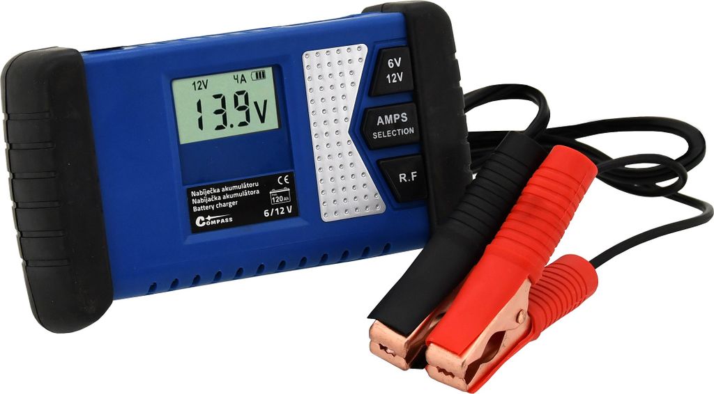 A blue battery charger with red and black clamps is shown against a white background.