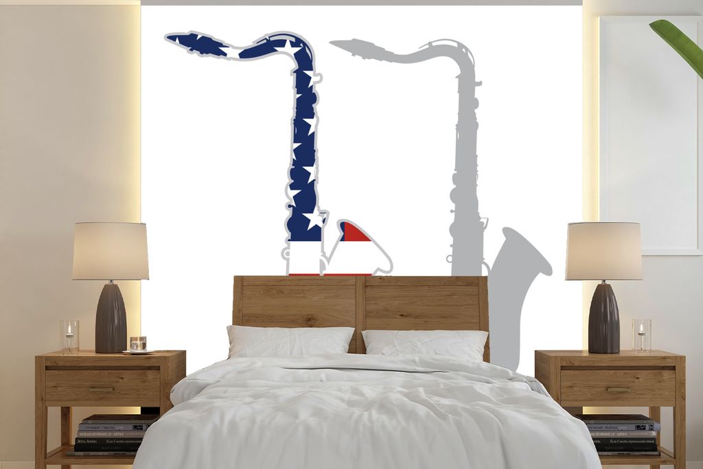 MuchoWow Fototapete für Wohnzimmer oder Schlafzimmer Wandtapete Vinyl Motivtapete Illustration eines Saxophons mit der amerikanischen Flagge - 3...