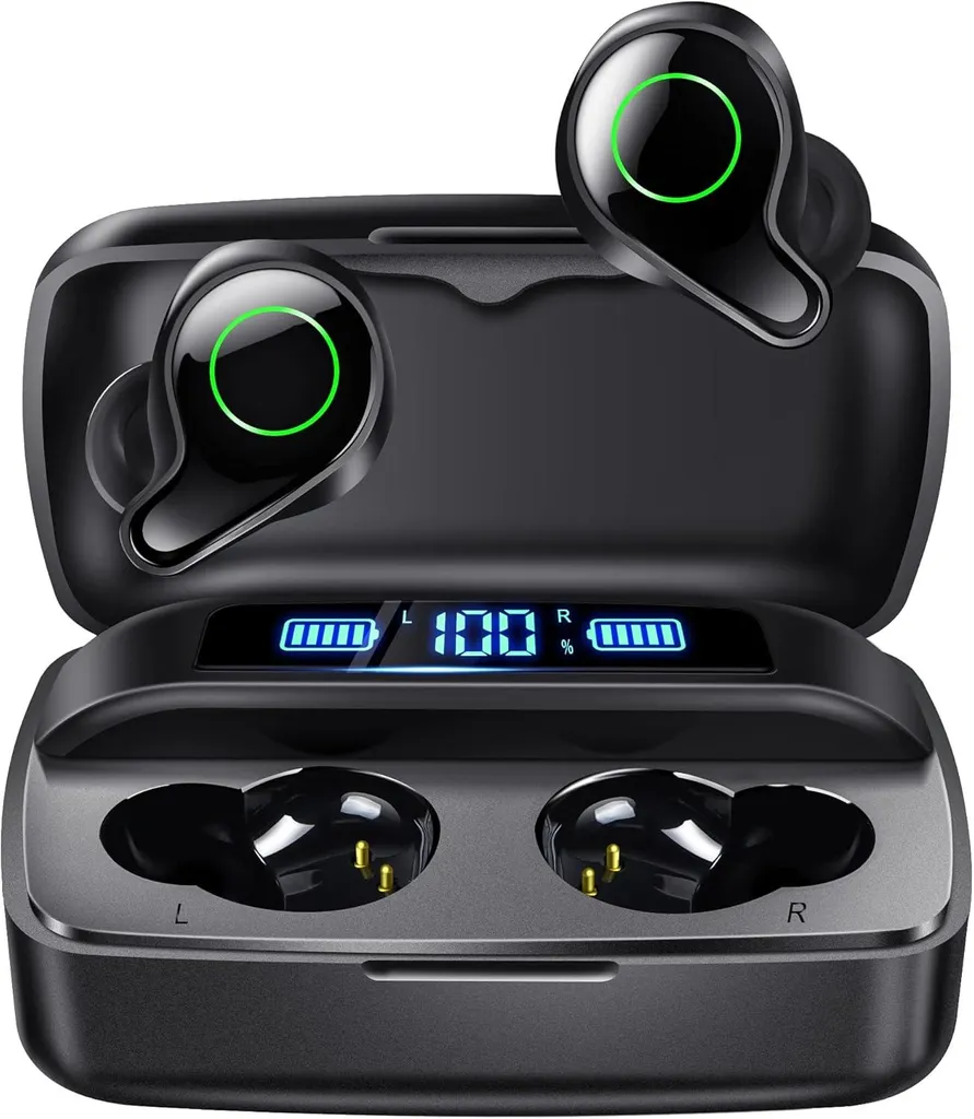 In Ear Kopfhörer Bluetooth 5.0, mit Mikrofon 156H Spielzeit mit USB-C LCD Ladekoffer, Wireless Stereo Sound IPX7 for i Phone Samsung Android