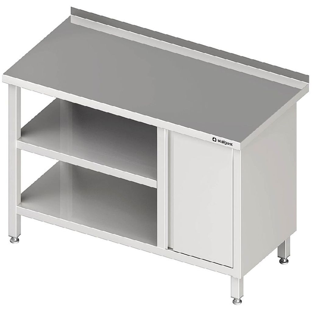 Arbeitstisch mit Grund- und Zwischenboden, 1300x600x850 mm, mit Flügeltürschrank links, ohne Aufkantung, verschweißt