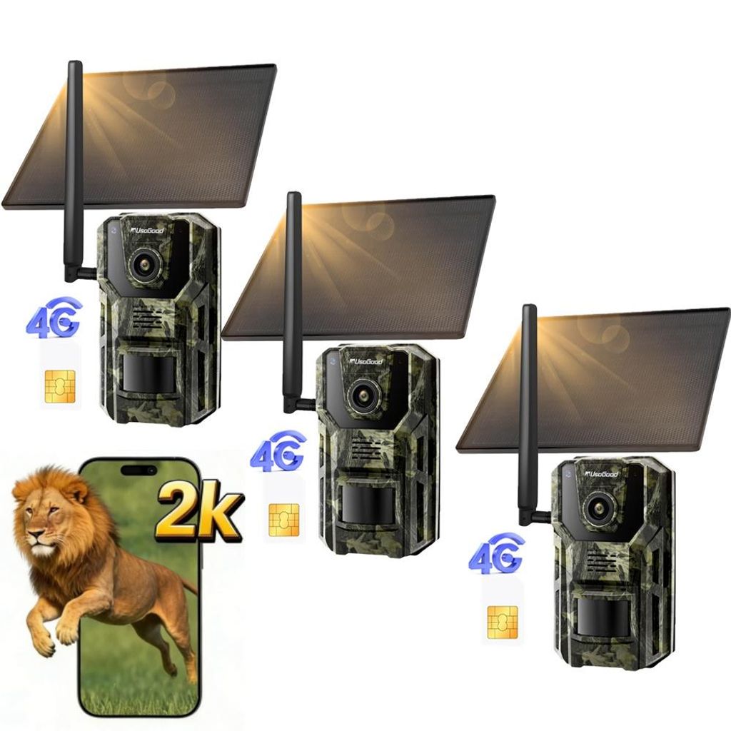 Usogood 4G LTE Solar Wildkamera mit Handyübertragung App Wildkamera mit SIM Karte 2K Wildkamera Bewegungsmelder Nachtsicht Wasserdicht GPS 3PC