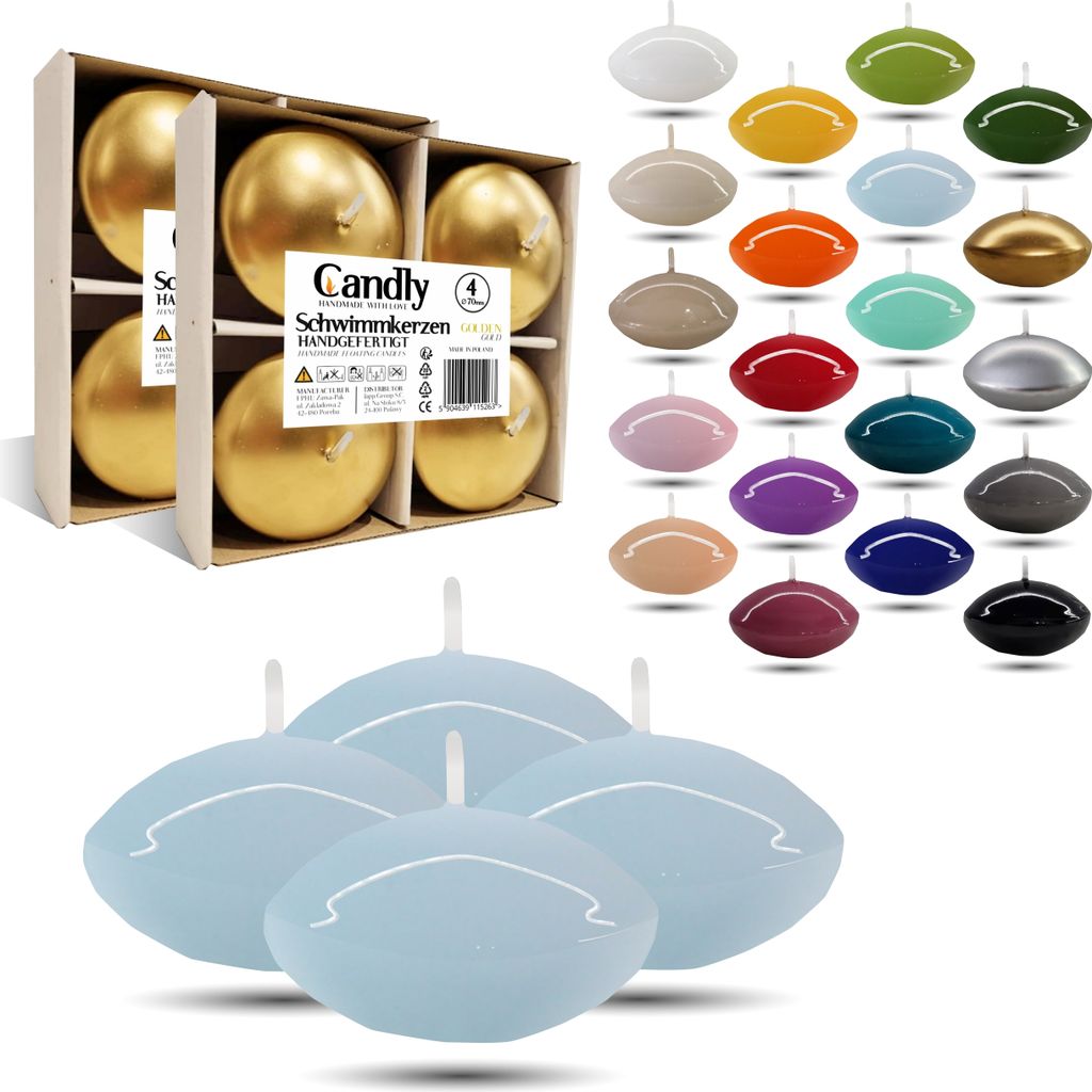 CANDLY HANDMADE 4x Groß Schwimmkerzen Premium Ø 70mm | Valentinstag, Ostern, Weihnachten, Dekoration, Candles, Kerzen für Damen (Hellblau)
