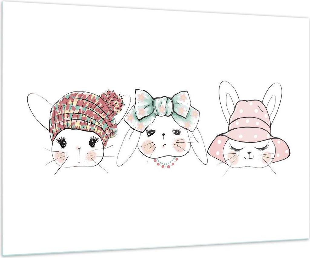 Bilder auf glas - Bunnys Hüte Illustration Kinder - 100x70cm - Glasbilder - Wandbilder - Kunstdruck - zum Aufhängen bereit - Wanddekoration aus G...