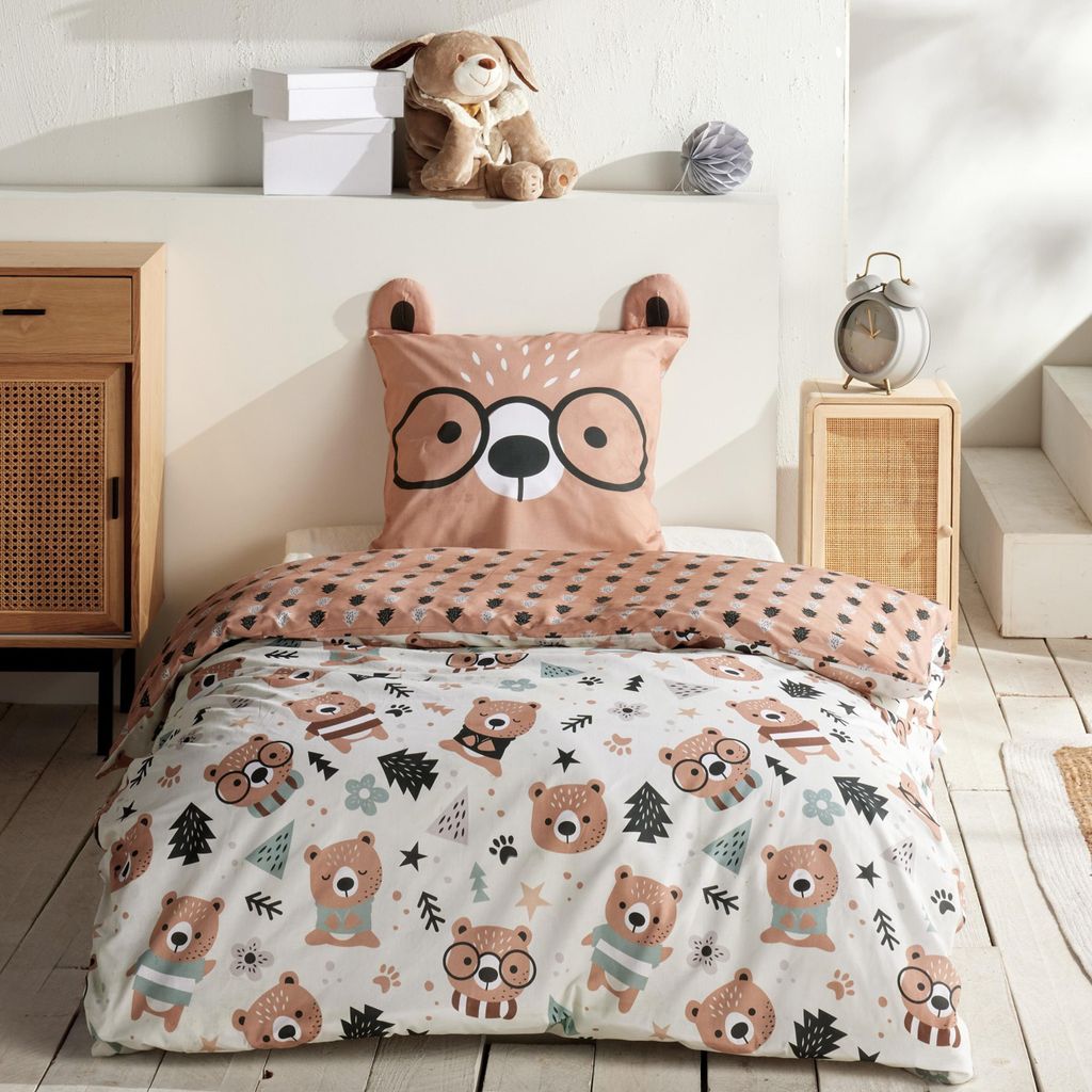 Kinderbettwäsche Set Bär 2-teilig 135x200 80x80 cm - Bärchen Bettwäsche Braun mit Ohren aus 100% Baumwolle mit Reißverschluss - Renforcé, atm...