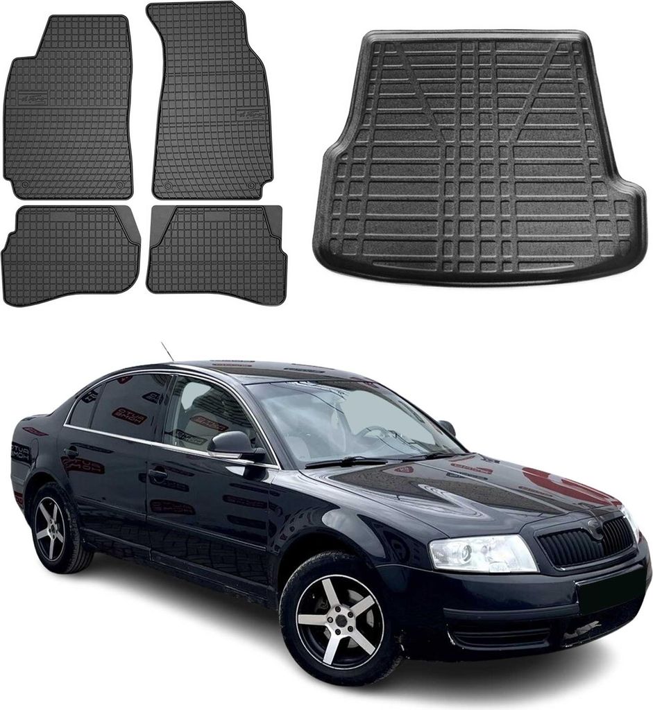 Fußmatten & Kofferraumwanne Set für Skoda Superb Stufenheck 2001-2008 Gummi 5x