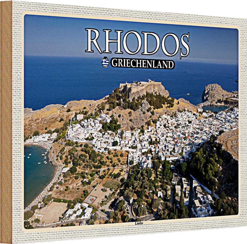 Holzschild Reise 30x20cm Rhodos Griechenland Lindos Stadt Meer