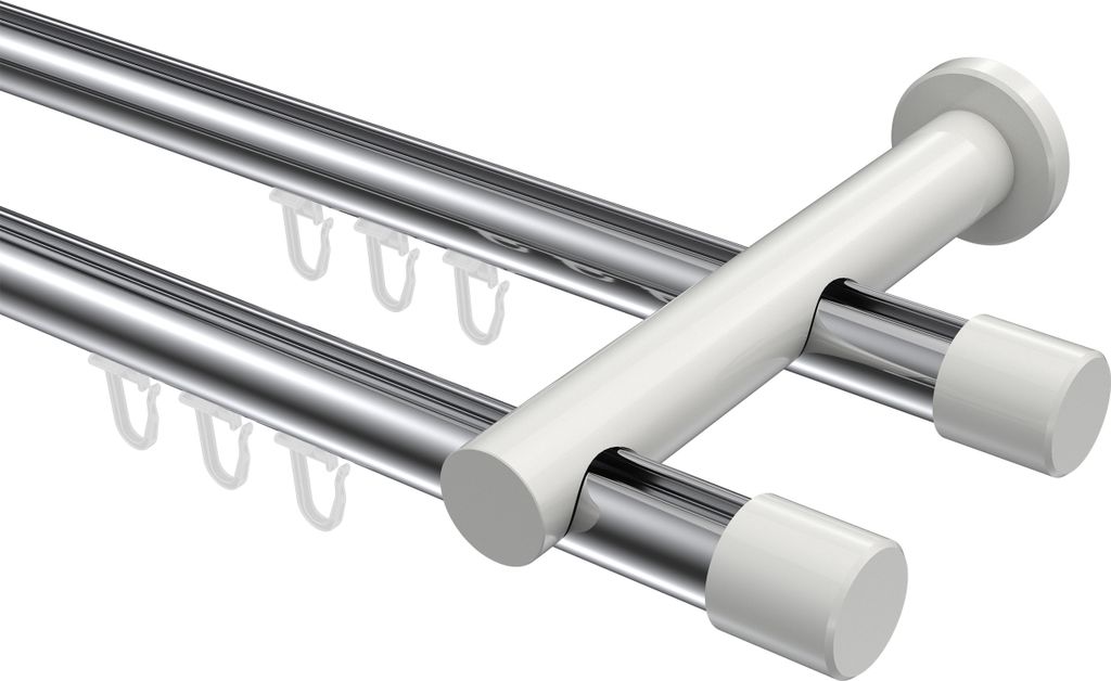Interdeco Innenlaufstange / Gardinenstange mit Innenlauf Chrom / Weiß, Typ Platon Santo (Kappe), 20 mm Ø 2-läufig, 120 cm