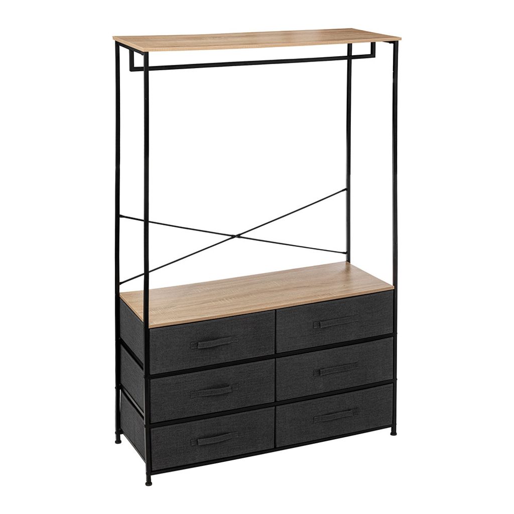 A garment rack with drawers and a top shelf.