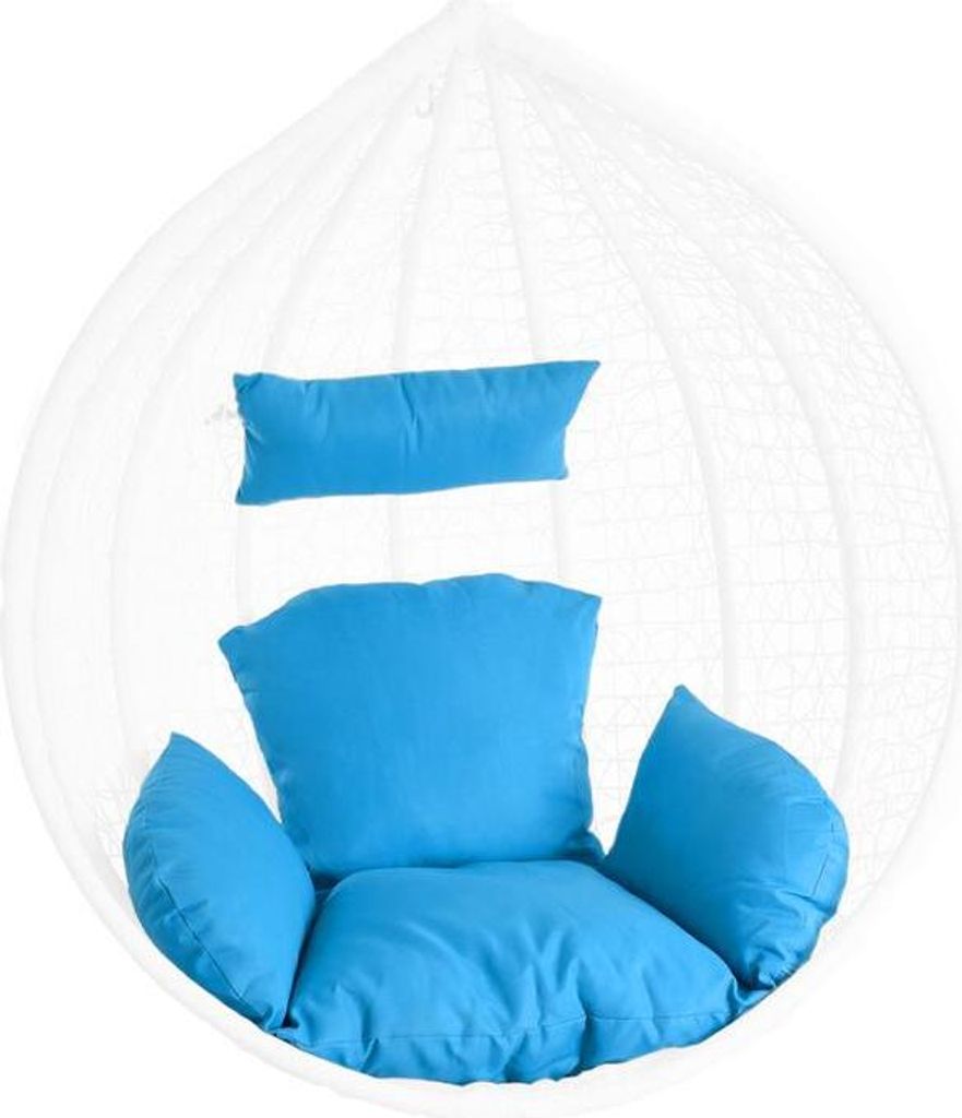 A white hanging chair with blue cushions.