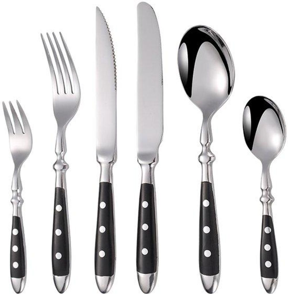 Rustikales Besteckset für Einzelperson - Tafelbesteck aus Edelstahl mit schwarzen Griffen - gesmieden und schwer - inklusive Steakmesser - 6-teilig