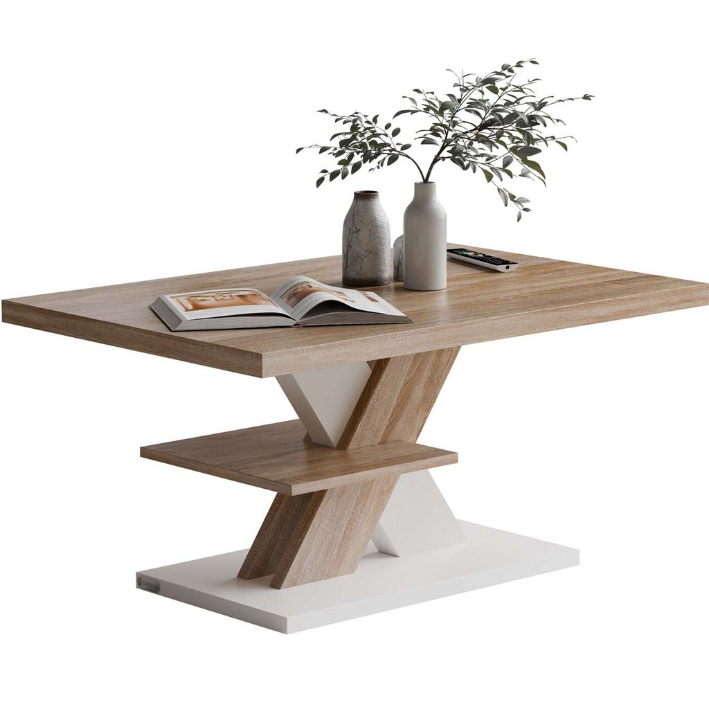 CASARIA Couchtisch Weiß Eiche Holz Stauraum Ablage Kratzfest Modern Rechteckig 50kg Belastbar Beistelltisch Wohnzimmer Couch Tisch Detroit 90x60cm