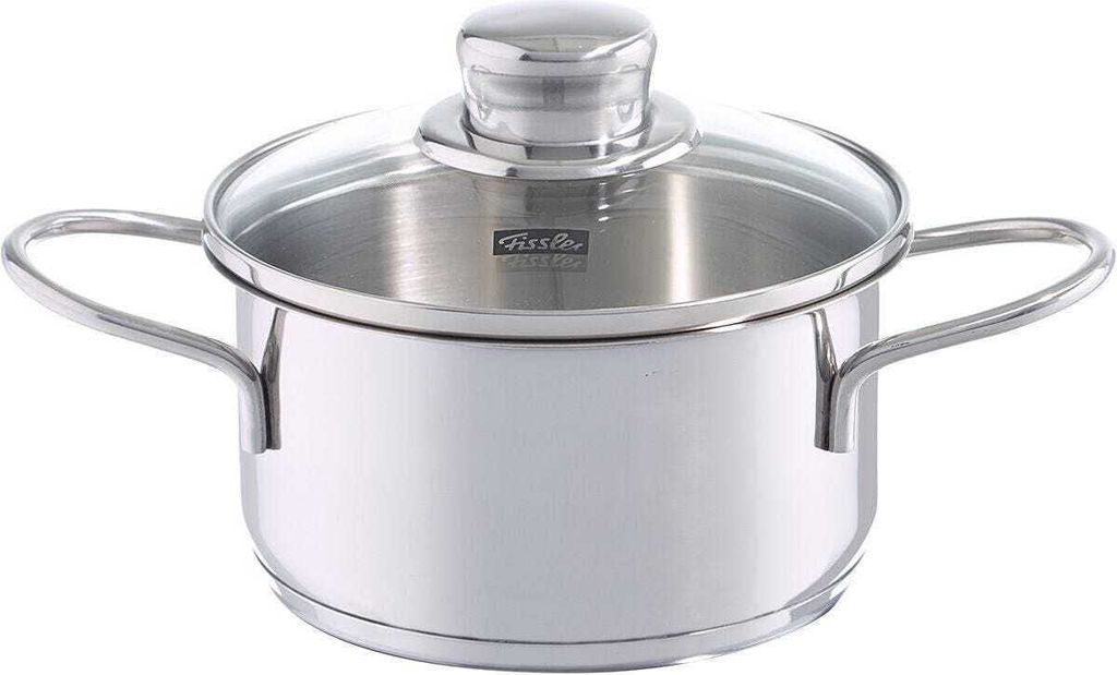 A stainless steel pot with a glass lid and handles, shown from a front-side angle on a white background.