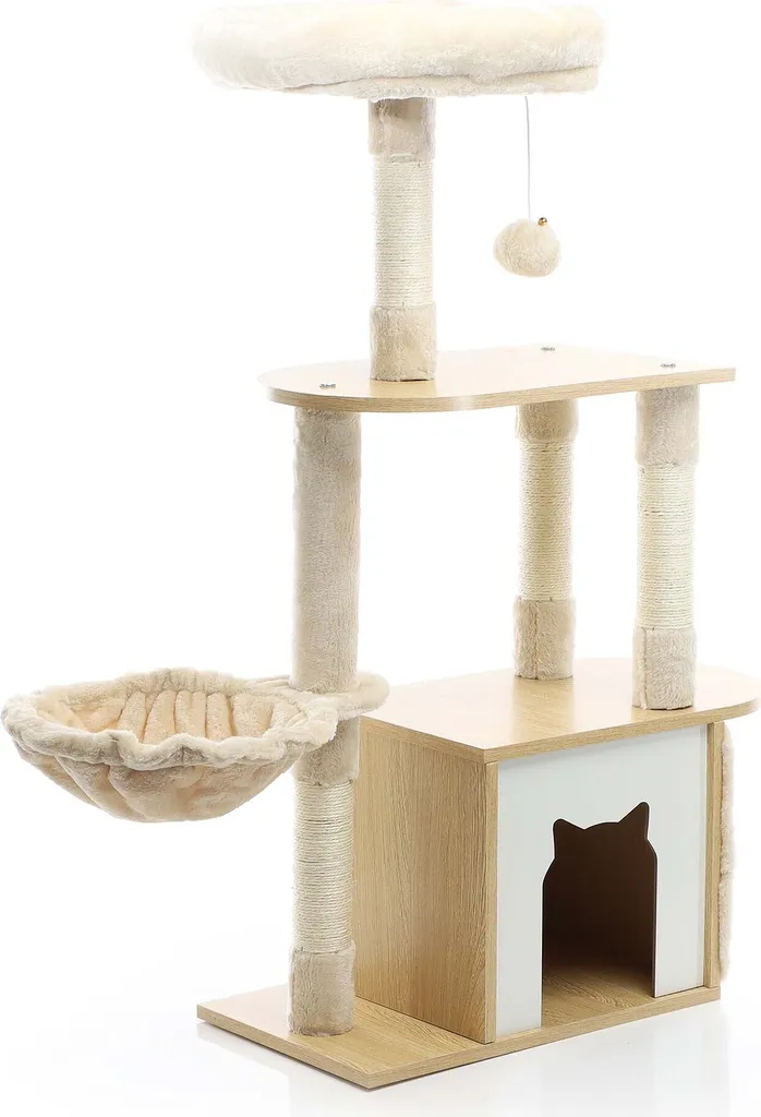Arbre à Chat Design 106cm avec Niche Douillette et Jouet Suspendu