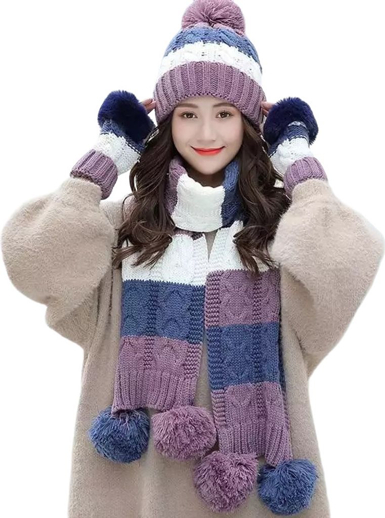 Winter-Strickset Violett - Mütze, Schal und Handschuhe für kalte Tage KP21600