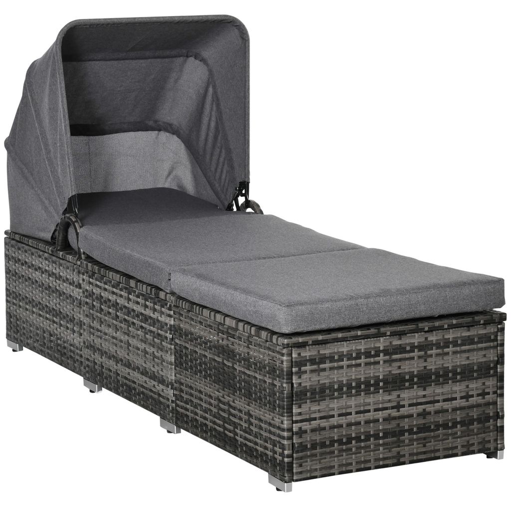 Sonnenliege aus Polyrattan mit Sonnendach Gartenliege verstellbar Rattanliege Gartenmöbel Liege mit Kissen Grau 195 x 65 x 40 cm