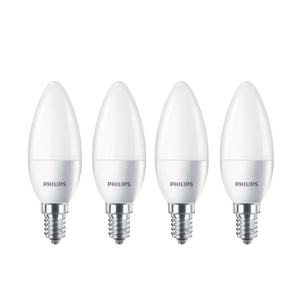 Four Philips LED candle light bulbs arranged in a row against a white background.