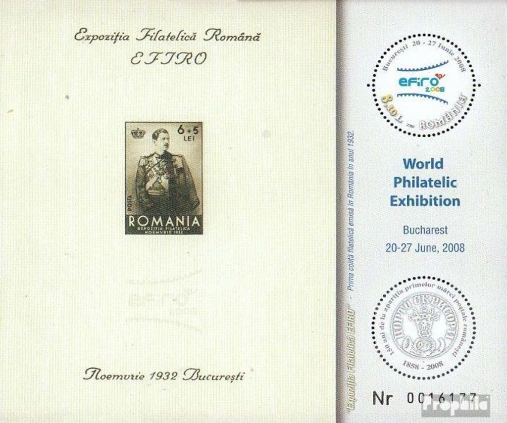 Briefmarken Rumänien 2008 Mi Block427 (kompl.Ausg.) postfrisch BriefmarkenausstellungEFIRO 08
