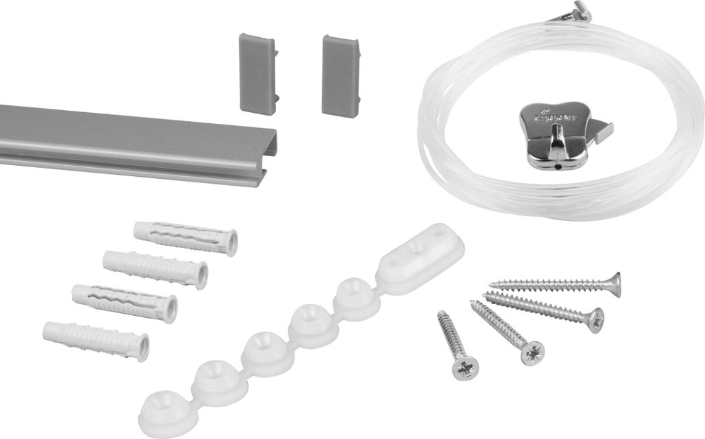 STAS Bilderschienen - STAS Cliprail + Perlonseil 150 cm + Zipper Bilderhaken - 100cm - Silber