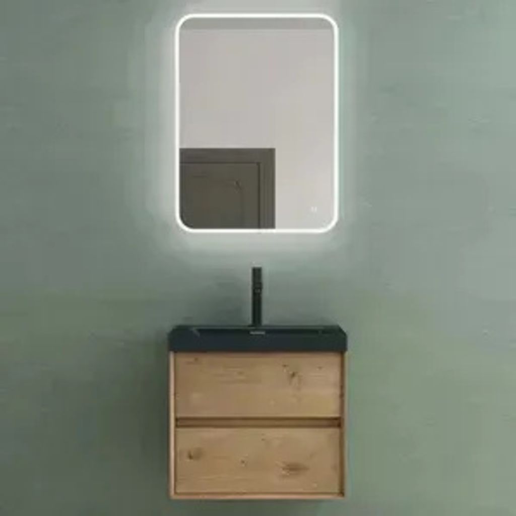 Mai & Mai Badmöbelset Badezimmermöbel Waschbeckenunterschrank 2 Schubladen mit Soft-Close inkl. Waschbecken und LED-Badspiegel Kerneiche 60 cm Rimo