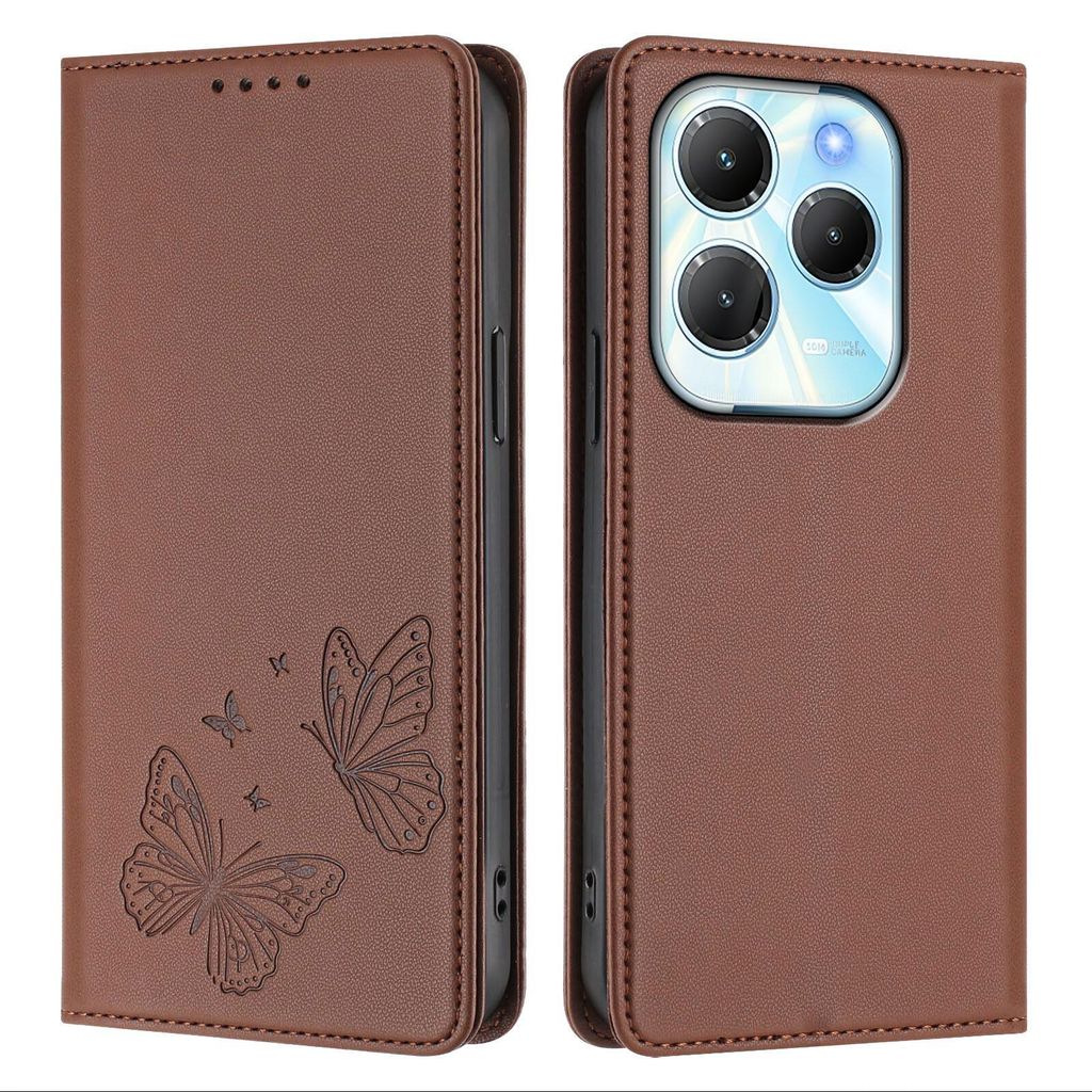 Lederhülle für Infinix Hot 40/Hot 40 Pro/Tecno Spark 20 Pro 4G, Schmetterling Prägung Leder Brieftasche Schutzhülle mit Ständer Braun