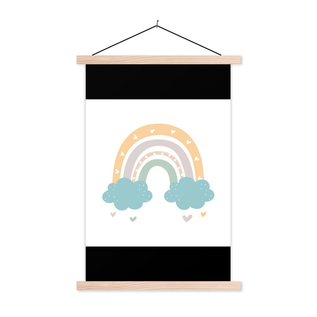 MuchoWow Textilposter Regenbogen - Herzen - Wolken - Punkte - Pastell - Kinder 60x90 cm mit holzfarbenen Rahmen - Textil