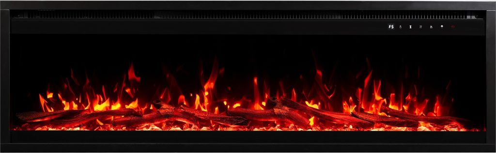 A long, horizontal electric fireplace with realistic flame effects.