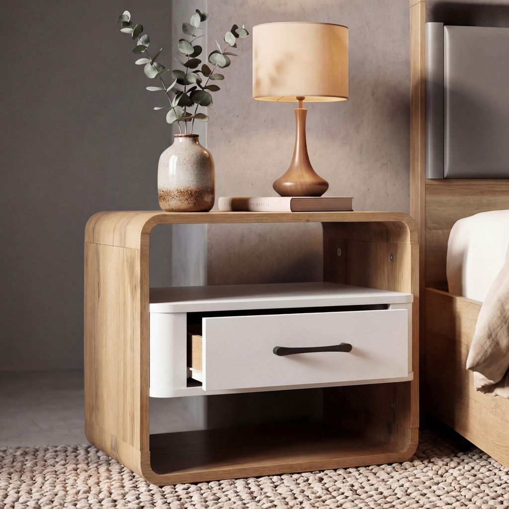 Nachttisch MCW-P43, Nachtkasten Nachtschrank Nachtkommode, Schublade MDF 40x48x44cm Wotan-Eiche-Optik, weiß