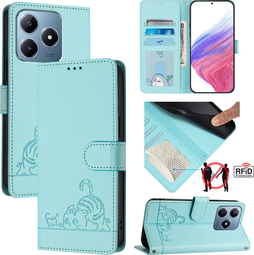 Leder Hülle für Realme C63/Realme C61 Süße Katze Flip Case Brieftasche Schutzhülle mit Standfunktion hellgrün