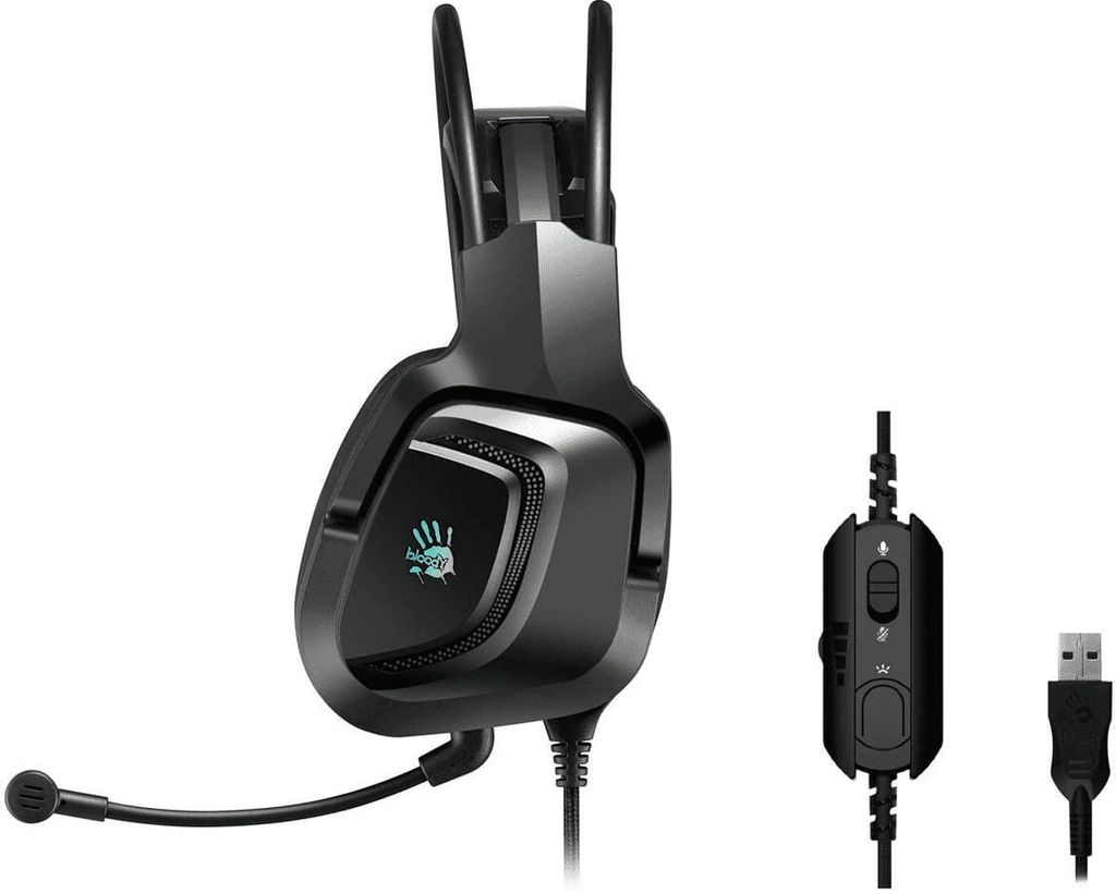 A black gaming headset with a microphone and a USB cable with an inline controller are displayed against a white background.