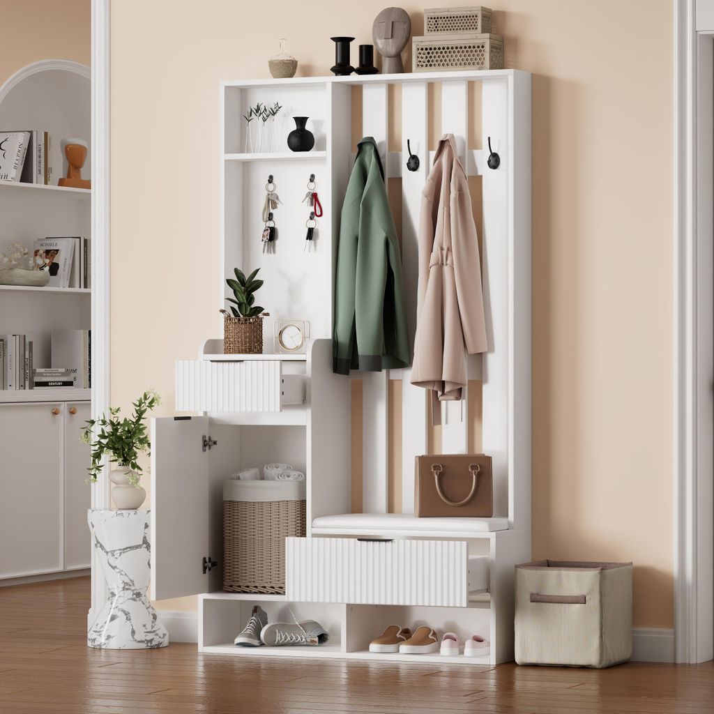 Garderobenständer 6-in-1 mit 8 Haken und Schuhbank – 100 cm breit, mit Schubladen, Schränken und Kippschutz, weißes Garderoben-Set für Flur u...