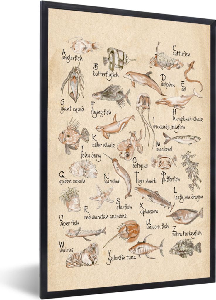 MuchoWow Gerahmtes Poster Alphabet - Meerestiere - Fische - Retro - Braun - Kinder - Kinder 20x30 cm - Poster mit Schwarzem Bilderrahmen Wandpost...
