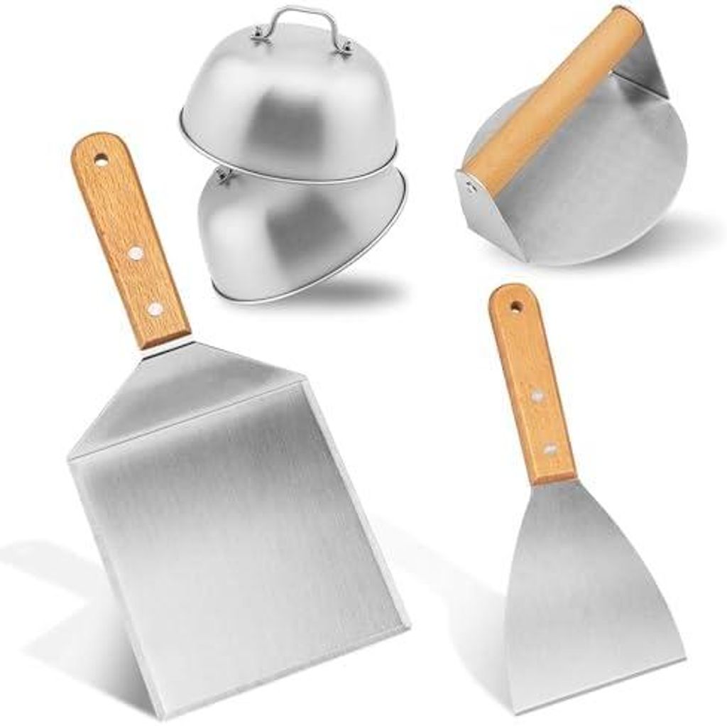 5-Stück Burger-Set, Grillspachtel Edelstahl, Burger Smasher, Grillwender mit Burger Cover, Pfannenwender Spachtel Mit Holzgriffen für Burgerpress...