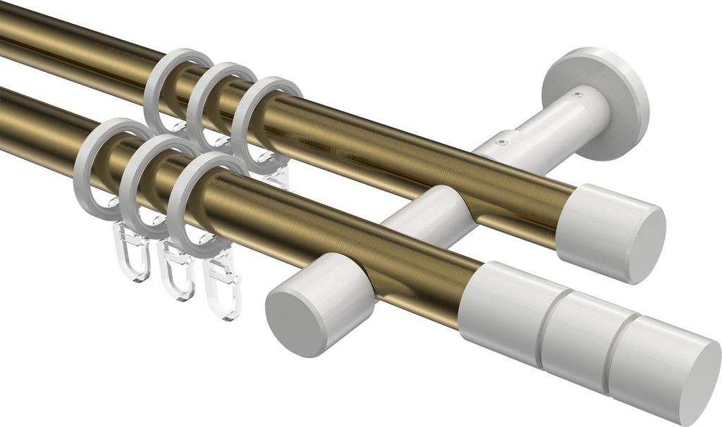 Interdeco Gardinenstange / Vorhangstange Messing Antik / Weiß, Typ Prestige Elanto (Rillenzylinder), 20 mm Ø 2-läufig, 200 cm