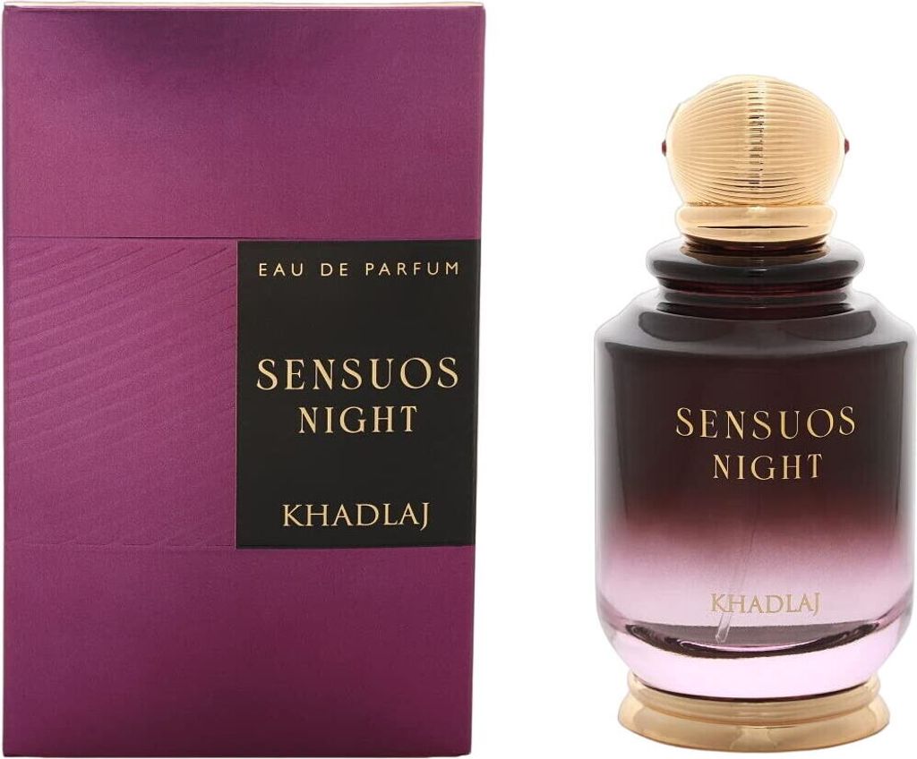A perfume bottle and its packaging are displayed side-by-side against a white background.