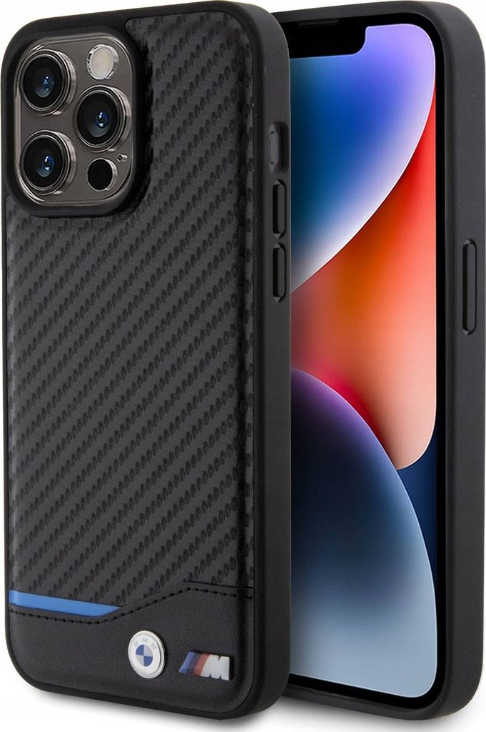 A black BMW branded phone case with a carbon fiber texture is shown next to an iPhone.
