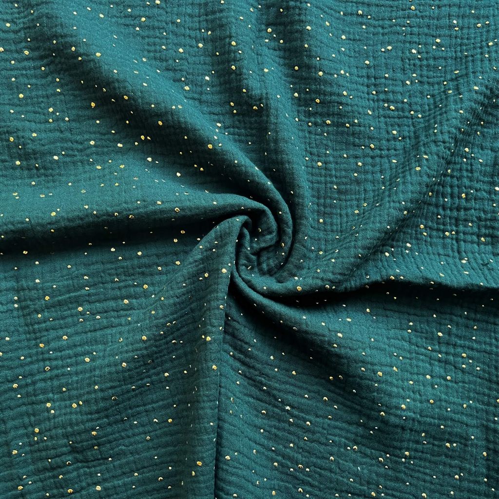 Musselin double gauze forstgrün (Forest) mit goldenen Punkten