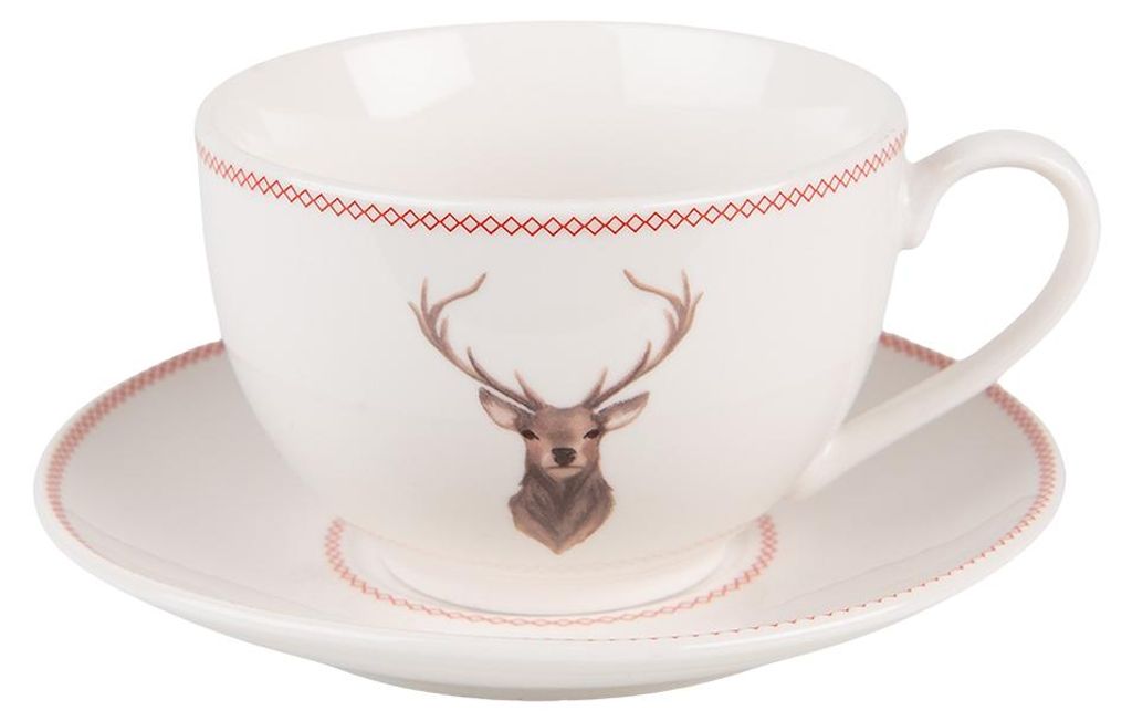 Clayre & Eef Tasse mit Untertasse 200 ml Beige Porzellan Hirsch