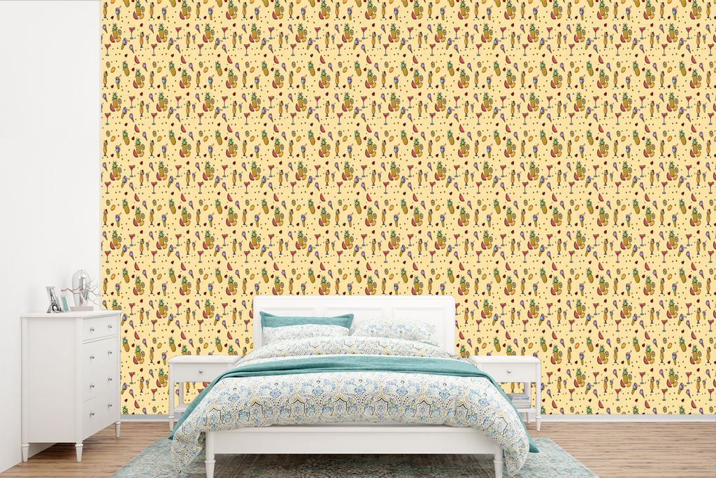 MuchoWow Fototapete für Wohnzimmer oder Schlafzimmer Wandtapete Vinyl Motivtapete Sommer - Obst - Cocktails - Muster - 600x400 cm - Vinyltapeten