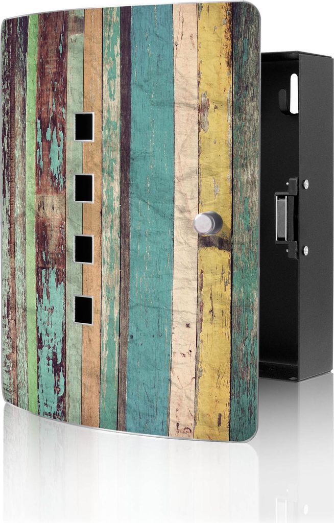banjado Design Schlüsselkasten aus Edelstahl für 10 Schlüssel, Schlüsselschrank 24 x 21,5 x 7cm groß mit Magnetverschluss, Bunte Bretterwand [...