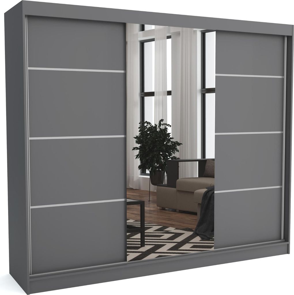 Kleiderschrank TOM ANTRACITE 250x60x215 cm – mit Spiegeltür, Schiebetüren, Kleiderstange & Regalböden – Moderner Schrank fürs Schlafzimmer