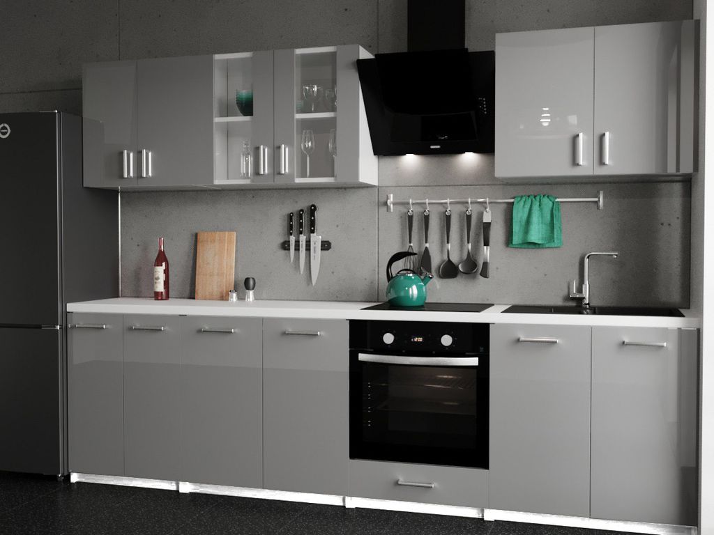 A modern, high-gloss gray kitchen unit with a white countertop, featuring an oven, sink, and various kitchen utensils.