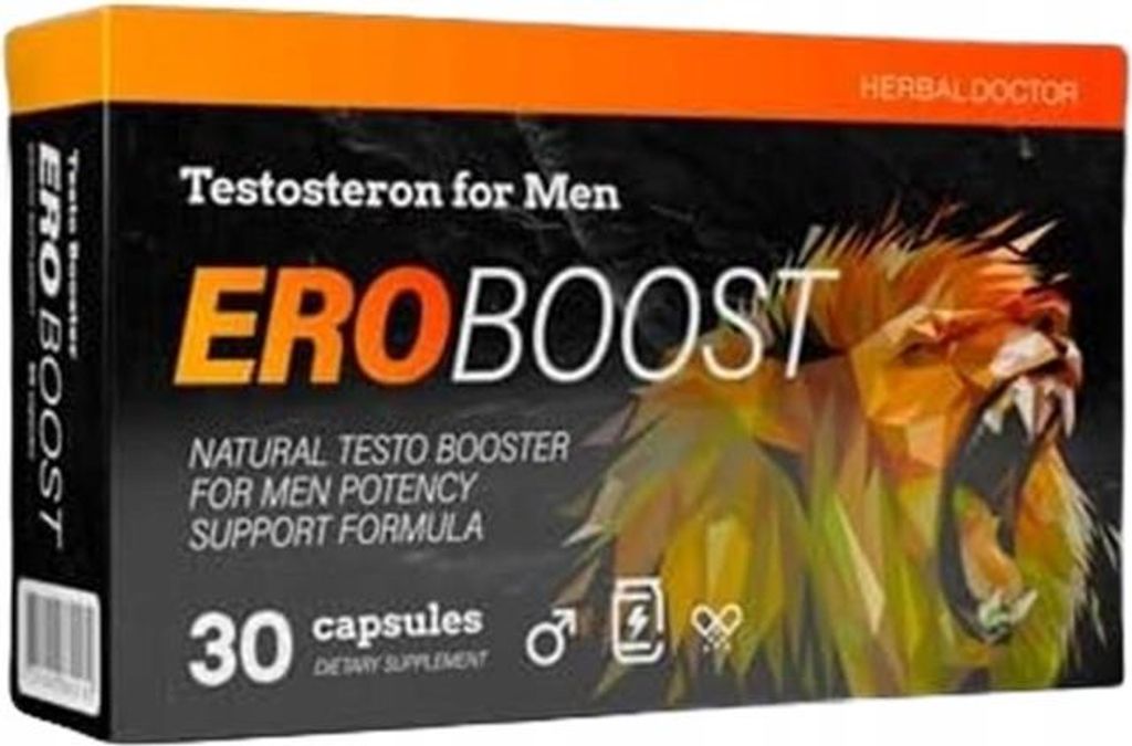 The image shows the front of a product box for EROBOOST, a testosterone booster for men.